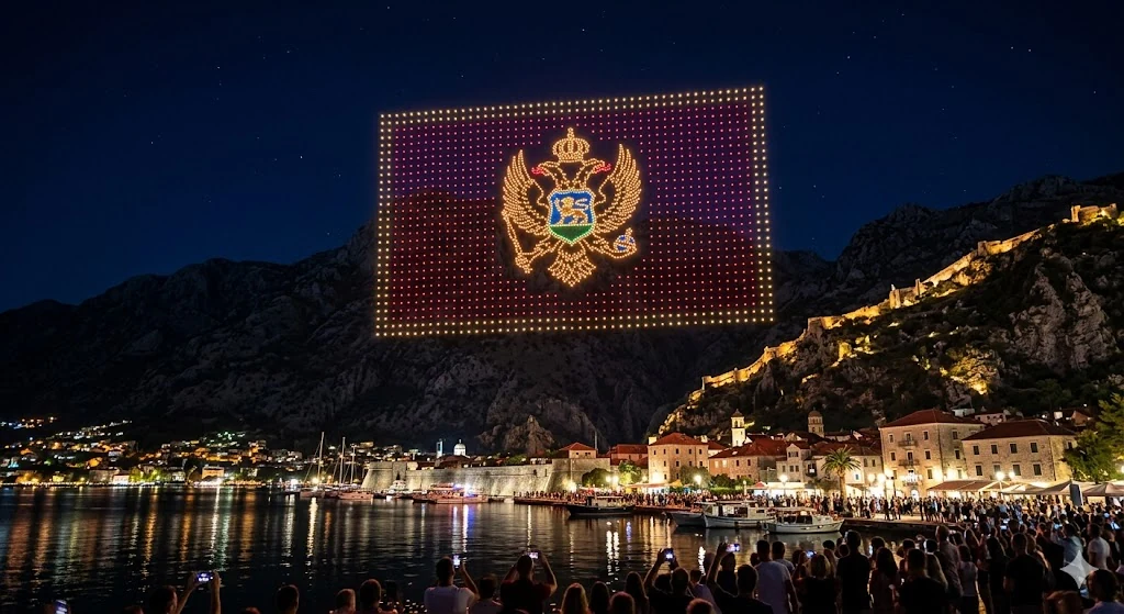 Adriatic Sky drone show — the Montenegro flag and coat of arms over Kotor