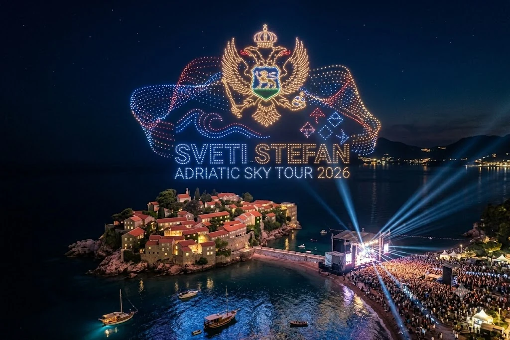 Sveti Stefan — Adriatic Sky Tour 2026 drone show over the island